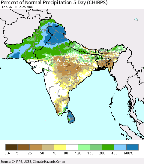 Southern Asia Percent of Normal Precipitation 5-Day (CHIRPS) Thematic Map For 2/26/2025 - 2/28/2025