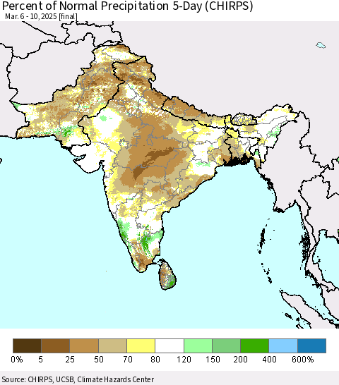 Southern Asia Percent of Normal Precipitation 5-Day (CHIRPS) Thematic Map For 3/6/2025 - 3/10/2025