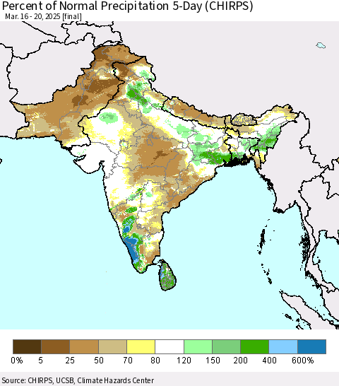 Southern Asia Percent of Normal Precipitation 5-Day (CHIRPS) Thematic Map For 3/16/2025 - 3/20/2025