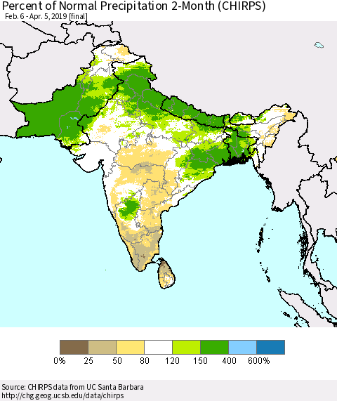 Southern Asia Percent of Normal Precipitation 2-Month (CHIRPS) Thematic Map For 2/6/2019 - 4/5/2019