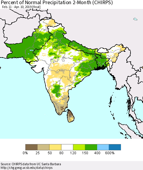 Southern Asia Percent of Normal Precipitation 2-Month (CHIRPS) Thematic Map For 2/11/2019 - 4/10/2019