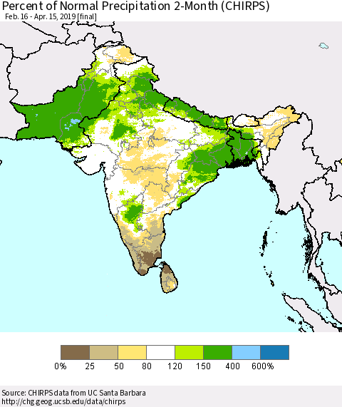 Southern Asia Percent of Normal Precipitation 2-Month (CHIRPS) Thematic Map For 2/16/2019 - 4/15/2019