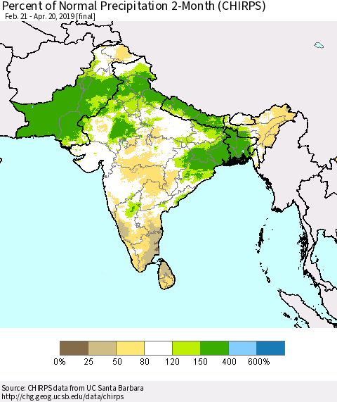 Southern Asia Percent of Normal Precipitation 2-Month (CHIRPS) Thematic Map For 2/21/2019 - 4/20/2019