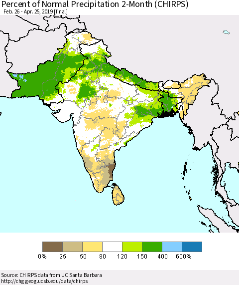 Southern Asia Percent of Normal Precipitation 2-Month (CHIRPS) Thematic Map For 2/26/2019 - 4/25/2019