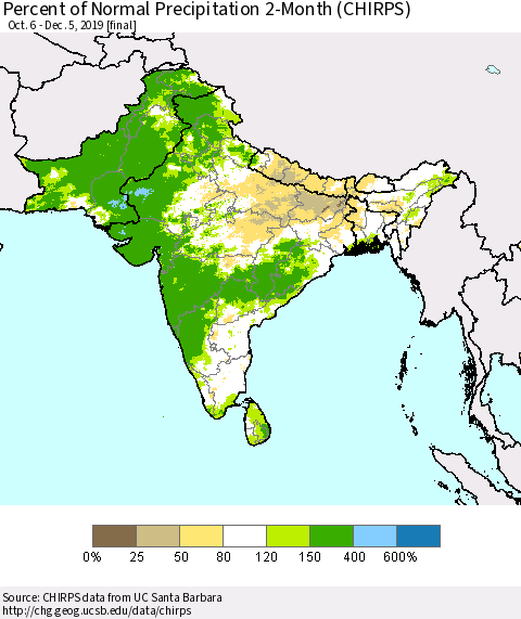 Southern Asia Percent of Normal Precipitation 2-Month (CHIRPS) Thematic Map For 10/6/2019 - 12/5/2019