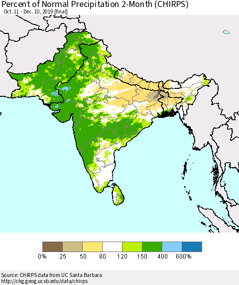 Southern Asia Percent of Normal Precipitation 2-Month (CHIRPS) Thematic Map For 10/11/2019 - 12/10/2019