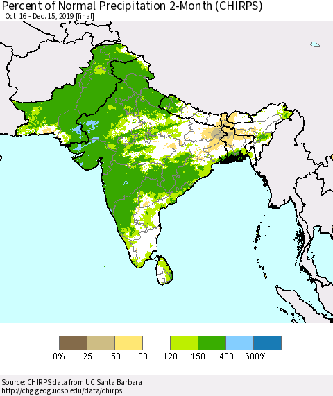 Southern Asia Percent of Normal Precipitation 2-Month (CHIRPS) Thematic Map For 10/16/2019 - 12/15/2019