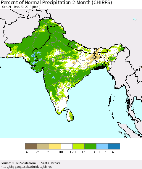 Southern Asia Percent of Normal Precipitation 2-Month (CHIRPS) Thematic Map For 10/21/2019 - 12/20/2019
