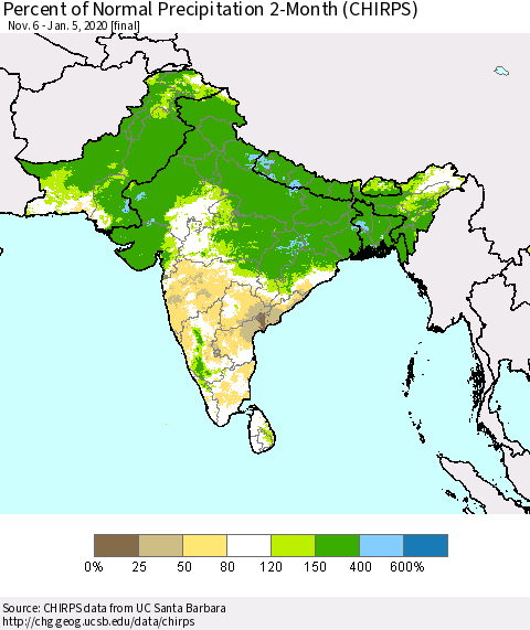 Southern Asia Percent of Normal Precipitation 2-Month (CHIRPS) Thematic Map For 11/6/2019 - 1/5/2020