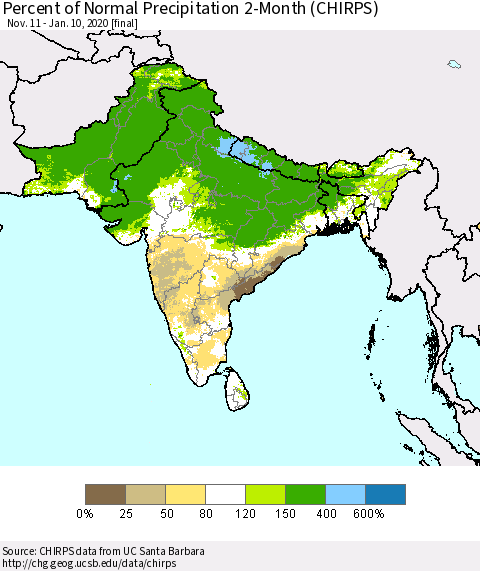 Southern Asia Percent of Normal Precipitation 2-Month (CHIRPS) Thematic Map For 11/11/2019 - 1/10/2020