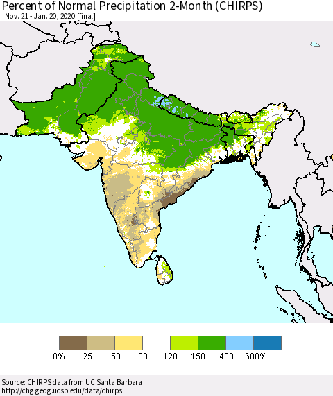 Southern Asia Percent of Normal Precipitation 2-Month (CHIRPS) Thematic Map For 11/21/2019 - 1/20/2020