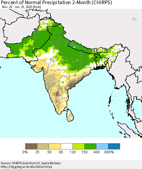 Southern Asia Percent of Normal Precipitation 2-Month (CHIRPS) Thematic Map For 11/26/2019 - 1/25/2020