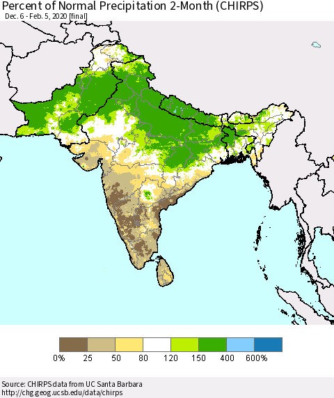 Southern Asia Percent of Normal Precipitation 2-Month (CHIRPS) Thematic Map For 12/6/2019 - 2/5/2020