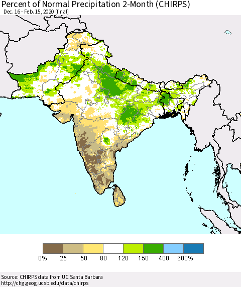 Southern Asia Percent of Normal Precipitation 2-Month (CHIRPS) Thematic Map For 12/16/2019 - 2/15/2020