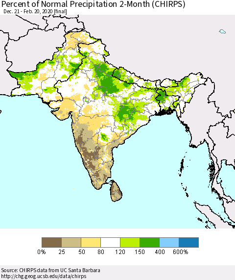 Southern Asia Percent of Normal Precipitation 2-Month (CHIRPS) Thematic Map For 12/21/2019 - 2/20/2020