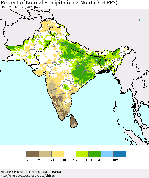 Southern Asia Percent of Normal Precipitation 2-Month (CHIRPS) Thematic Map For 12/26/2019 - 2/25/2020