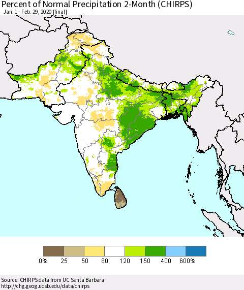 Southern Asia Percent of Normal Precipitation 2-Month (CHIRPS) Thematic Map For 1/1/2020 - 2/29/2020