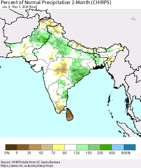 Southern Asia Percent of Normal Precipitation 2-Month (CHIRPS) Thematic Map For 1/6/2020 - 3/5/2020