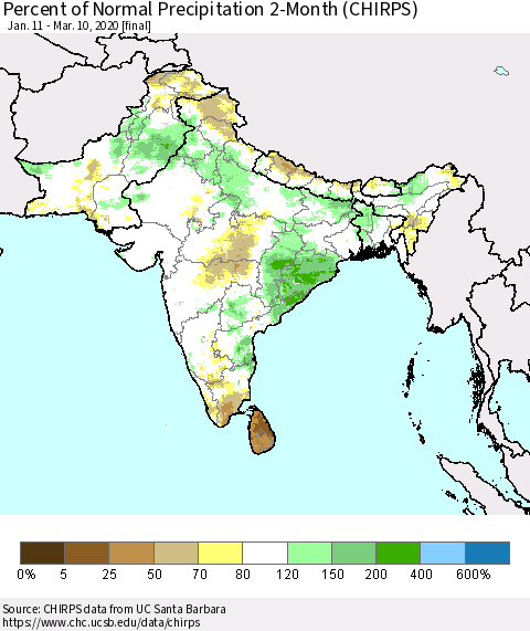 Southern Asia Percent of Normal Precipitation 2-Month (CHIRPS) Thematic Map For 1/11/2020 - 3/10/2020