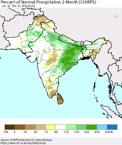 Southern Asia Percent of Normal Precipitation 2-Month (CHIRPS) Thematic Map For 1/16/2020 - 3/15/2020