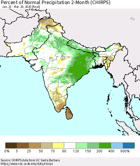 Southern Asia Percent of Normal Precipitation 2-Month (CHIRPS) Thematic Map For 1/21/2020 - 3/20/2020