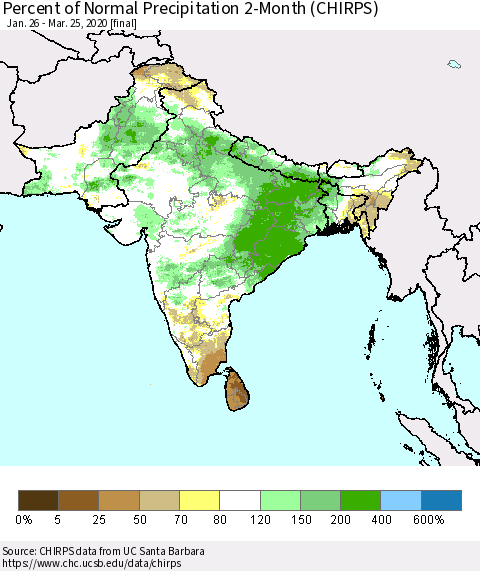 Southern Asia Percent of Normal Precipitation 2-Month (CHIRPS) Thematic Map For 1/26/2020 - 3/25/2020