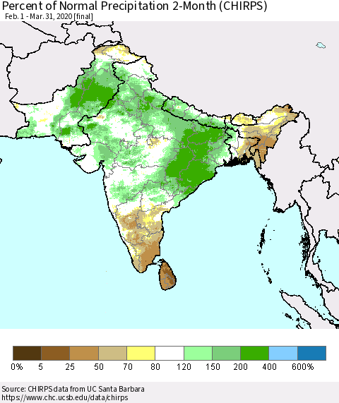 Southern Asia Percent of Normal Precipitation 2-Month (CHIRPS) Thematic Map For 2/1/2020 - 3/31/2020