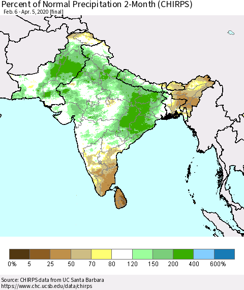 Southern Asia Percent of Normal Precipitation 2-Month (CHIRPS) Thematic Map For 2/6/2020 - 4/5/2020