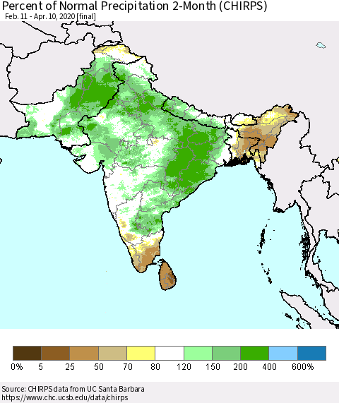 Southern Asia Percent of Normal Precipitation 2-Month (CHIRPS) Thematic Map For 2/11/2020 - 4/10/2020