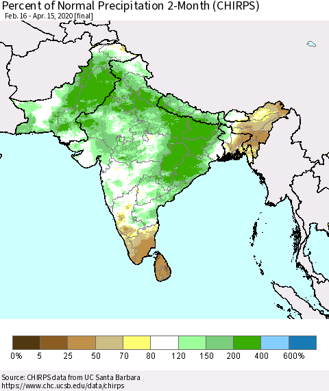 Southern Asia Percent of Normal Precipitation 2-Month (CHIRPS) Thematic Map For 2/16/2020 - 4/15/2020