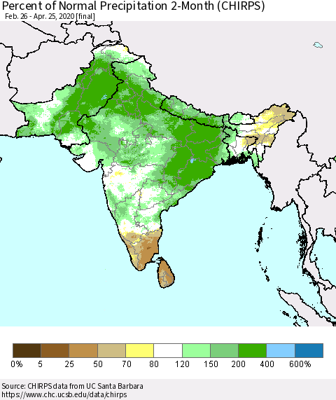 Southern Asia Percent of Normal Precipitation 2-Month (CHIRPS) Thematic Map For 2/26/2020 - 4/25/2020