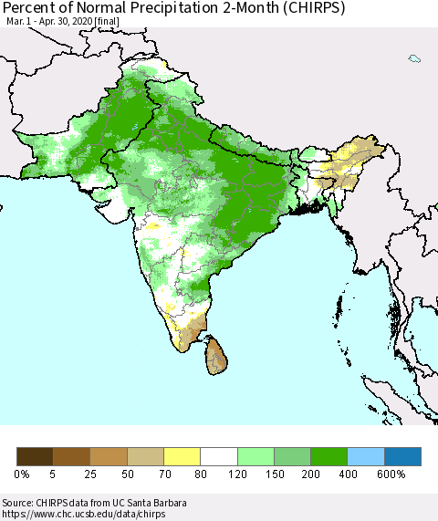 Southern Asia Percent of Normal Precipitation 2-Month (CHIRPS) Thematic Map For 3/1/2020 - 4/30/2020