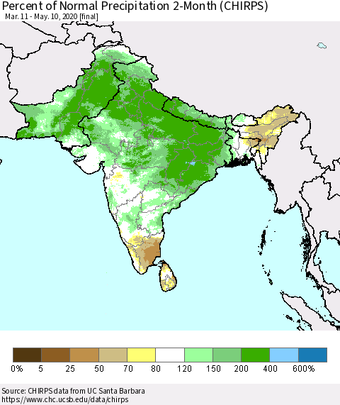 Southern Asia Percent of Normal Precipitation 2-Month (CHIRPS) Thematic Map For 3/11/2020 - 5/10/2020