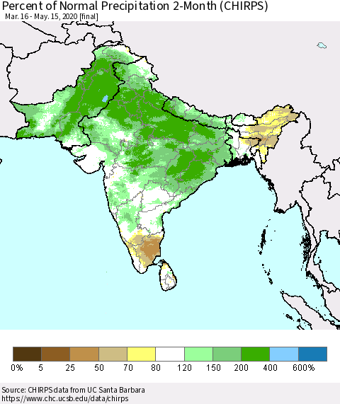 Southern Asia Percent of Normal Precipitation 2-Month (CHIRPS) Thematic Map For 3/16/2020 - 5/15/2020