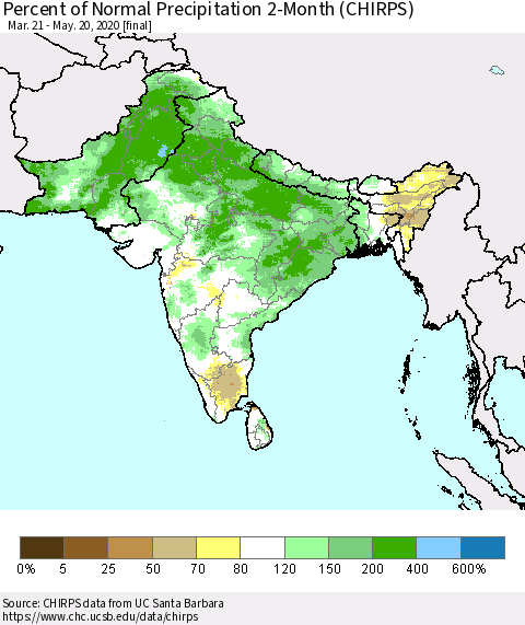 Southern Asia Percent of Normal Precipitation 2-Month (CHIRPS) Thematic Map For 3/21/2020 - 5/20/2020