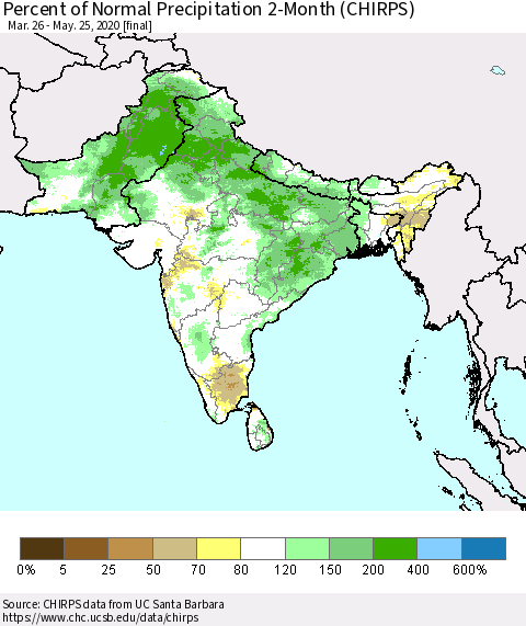 Southern Asia Percent of Normal Precipitation 2-Month (CHIRPS) Thematic Map For 3/26/2020 - 5/25/2020