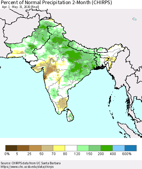 Southern Asia Percent of Normal Precipitation 2-Month (CHIRPS) Thematic Map For 4/1/2020 - 5/31/2020