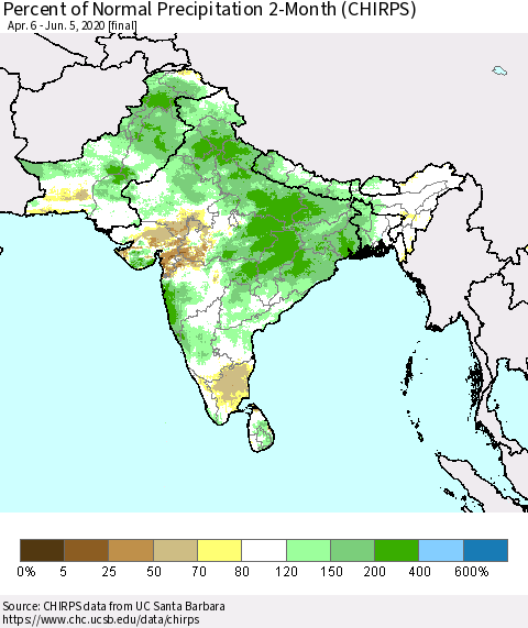 Southern Asia Percent of Normal Precipitation 2-Month (CHIRPS) Thematic Map For 4/6/2020 - 6/5/2020
