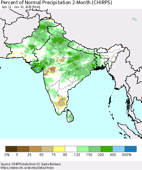Southern Asia Percent of Normal Precipitation 2-Month (CHIRPS) Thematic Map For 4/11/2020 - 6/10/2020