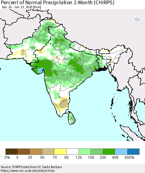 Southern Asia Percent of Normal Precipitation 2-Month (CHIRPS) Thematic Map For 4/16/2020 - 6/15/2020