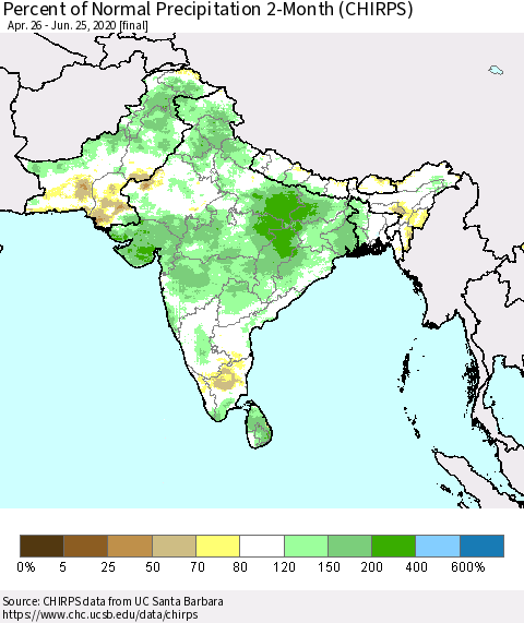 Southern Asia Percent of Normal Precipitation 2-Month (CHIRPS) Thematic Map For 4/26/2020 - 6/25/2020