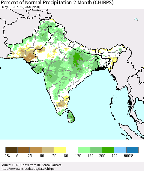 Southern Asia Percent of Normal Precipitation 2-Month (CHIRPS) Thematic Map For 5/1/2020 - 6/30/2020
