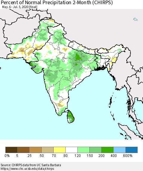 Southern Asia Percent of Normal Precipitation 2-Month (CHIRPS) Thematic Map For 5/6/2020 - 7/5/2020