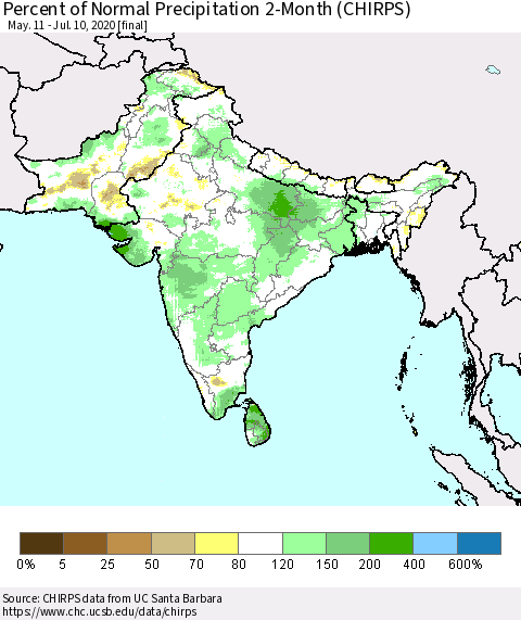 Southern Asia Percent of Normal Precipitation 2-Month (CHIRPS) Thematic Map For 5/11/2020 - 7/10/2020