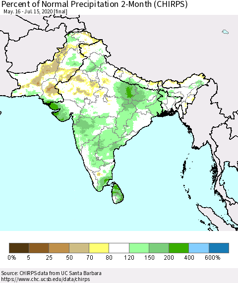 Southern Asia Percent of Normal Precipitation 2-Month (CHIRPS) Thematic Map For 5/16/2020 - 7/15/2020