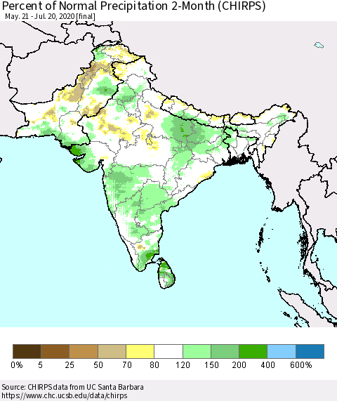 Southern Asia Percent of Normal Precipitation 2-Month (CHIRPS) Thematic Map For 5/21/2020 - 7/20/2020