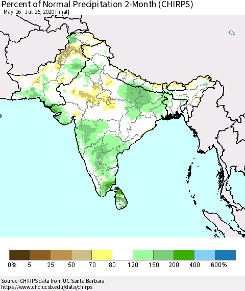 Southern Asia Percent of Normal Precipitation 2-Month (CHIRPS) Thematic Map For 5/26/2020 - 7/25/2020