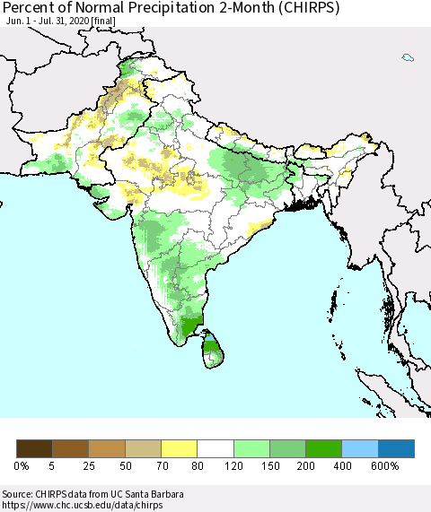 Southern Asia Percent of Normal Precipitation 2-Month (CHIRPS) Thematic Map For 6/1/2020 - 7/31/2020
