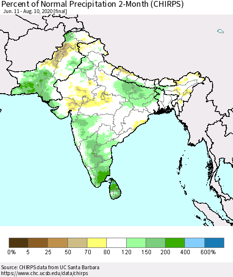 Southern Asia Percent of Normal Precipitation 2-Month (CHIRPS) Thematic Map For 6/11/2020 - 8/10/2020