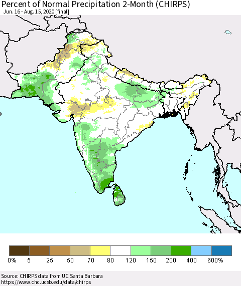 Southern Asia Percent of Normal Precipitation 2-Month (CHIRPS) Thematic Map For 6/16/2020 - 8/15/2020
